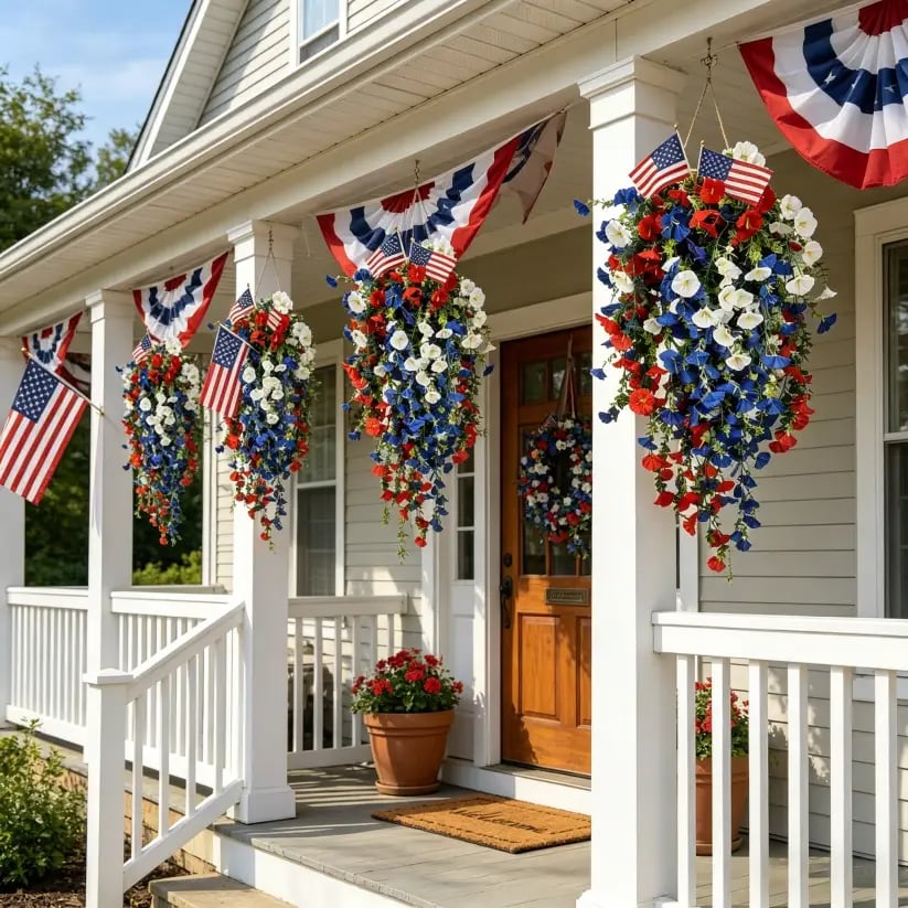 ✨ Celebrate America’s 250th Anniversary with Patriotic Hanging Flower Baskets.