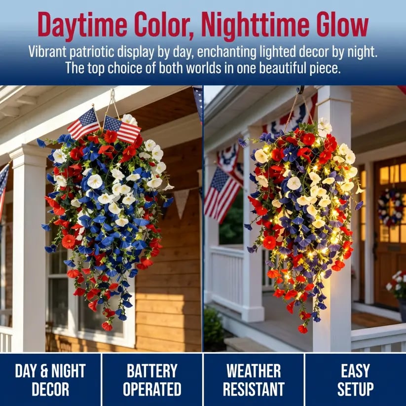 ✨ Celebrate America’s 250th Anniversary with Patriotic Hanging Flower Baskets.