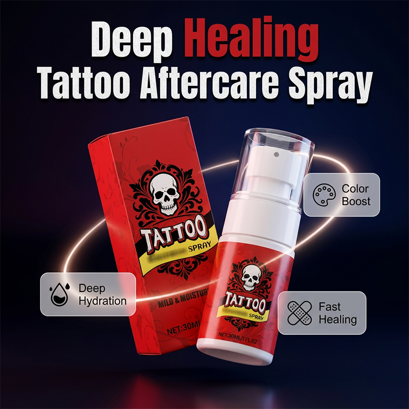 Feuchtigkeitsspendendes Spray zur Nachsorge bei Tattoos.