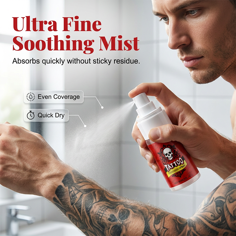 Feuchtigkeitsspendendes Spray zur Nachsorge bei Tattoos.