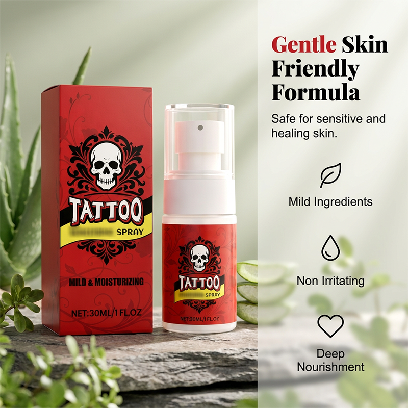 Feuchtigkeitsspendendes Spray zur Nachsorge bei Tattoos.