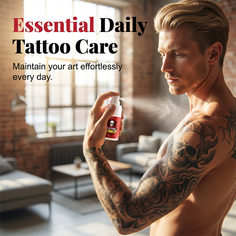 Feuchtigkeitsspendendes Spray zur Nachsorge bei Tattoos.