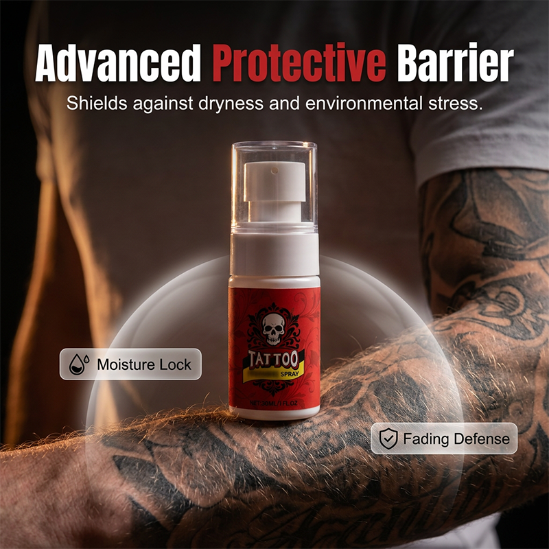Feuchtigkeitsspendendes Spray zur Nachsorge bei Tattoos.