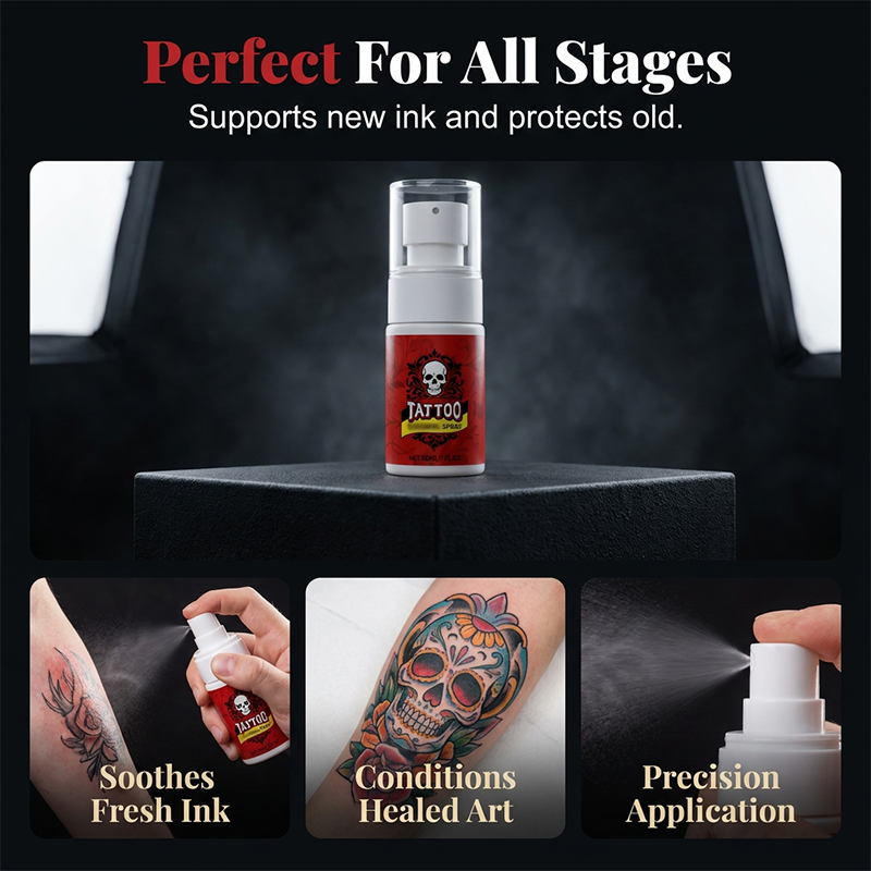 Feuchtigkeitsspendendes Spray zur Nachsorge bei Tattoos.